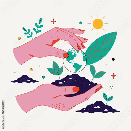 Hands holding earth globe and soil with green leaves and sun illustration representing sustainable living and environmental protection for global conservation concepts