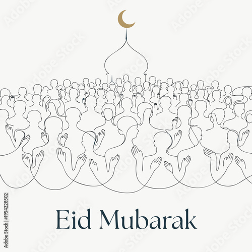 Minimalist line art illustration of diverse people praying with mosque silhouette and crescent moon for eid mubarak celebration greeting card design graphic vector