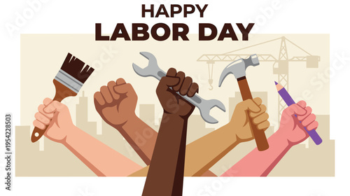 Happy labor day card with worker hands holding various craft tools