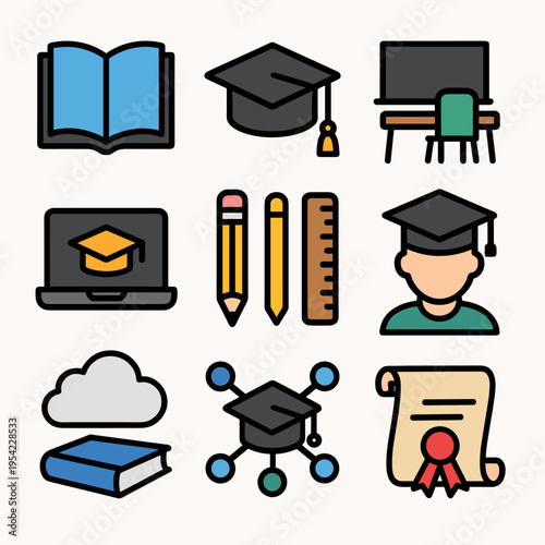 Collection of education and learning icons including graduation cap, book, and laptop