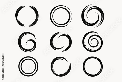 Collection of nine abstract circular brush stroke designs and ink swirls