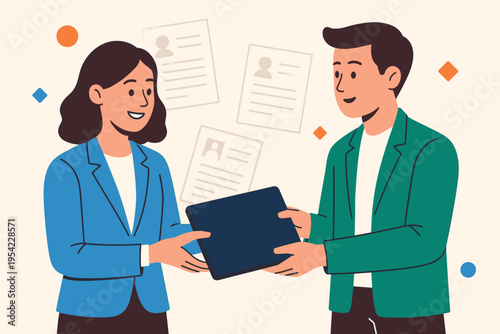 Two professionals exchange a tablet, with resumes floating in the background