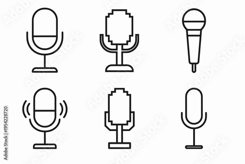 Collection of six microphone icons in various styles, including retro and pixelated designs