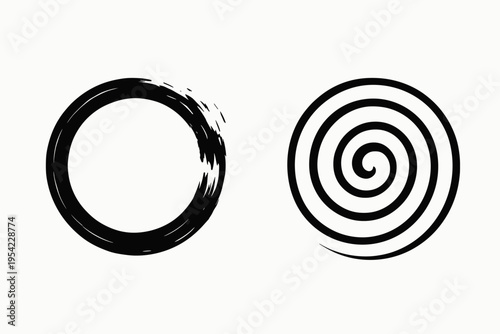 Two contrasting circular designs: a brushstroke enso and a geometric spiral on white