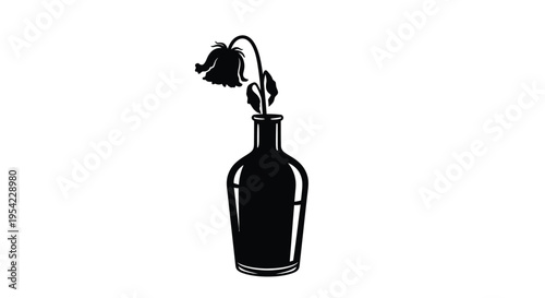 A black silhouette of a withered rose in a glass bottle