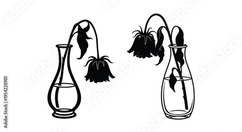 Two wilting flowers in vases a stark black and white silhouette