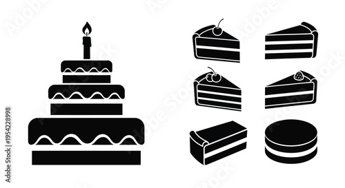 Black silhouette of a tiered cake with slices and a lit candle