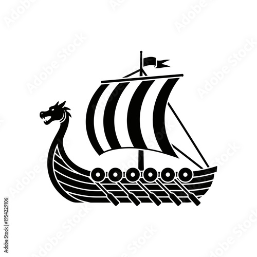 Viking Ship Silhouette with Dragon Head and Oars, Black and White