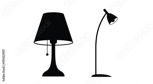 Two lamps one table lamp and one arc lamp in black silhouette
