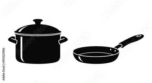 Black cookware set including a pot and frying pan silhouette