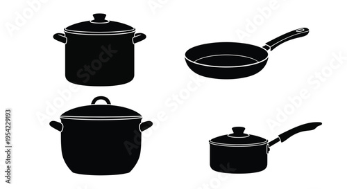 Black cookware set including pots pans and saucepans a silhouette
