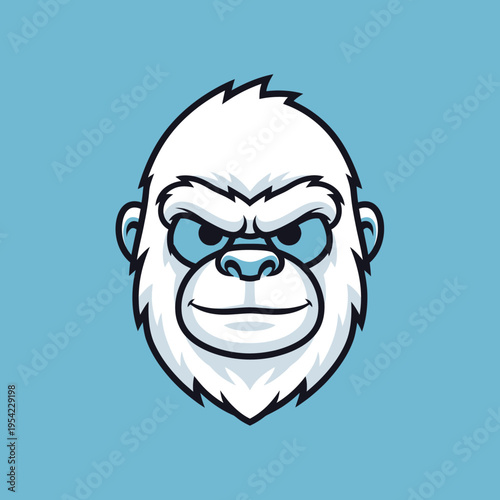Yeti Mascot Head, Cartoon Bigfoot Character, Cryptid Creature, White Fur, Blue Eyes