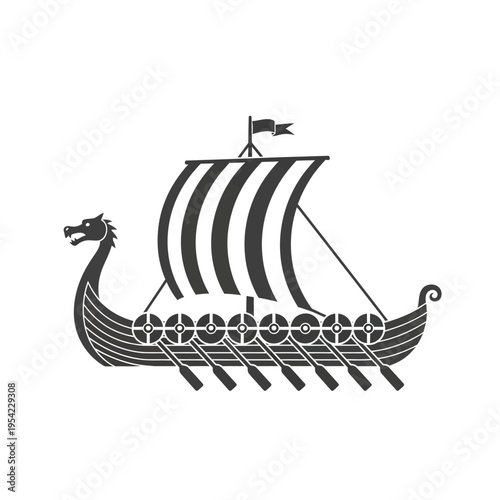 Viking longship with dragon prow and oars, historical sailing vessel, ancient Scandinavian boat
