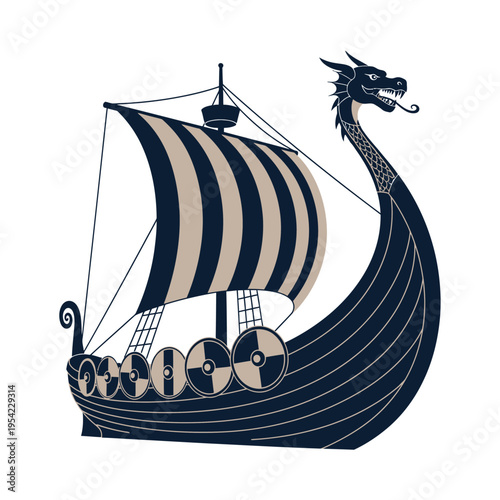 Viking Ship Dragon Head Sail Shields Nautical Illustration