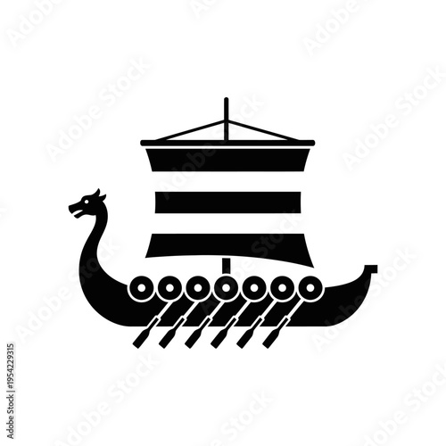 Viking Ship Icon Silhouette, Norse Longship with Oars and Sail, Black and White