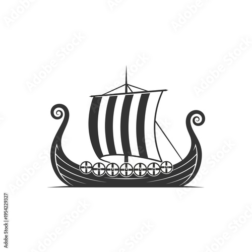 Viking Ship Illustration: Ancient Norse Longship with Striped Sail and Shields