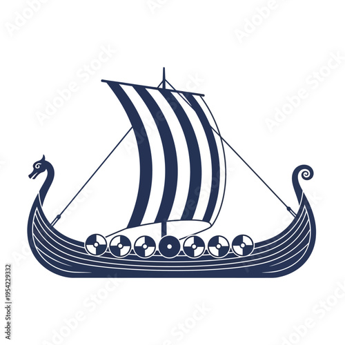 Viking Ship Illustration, Scandinavian Longship with Sail and Shields