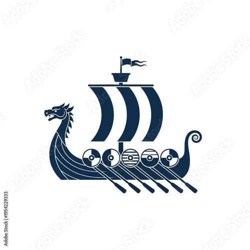 Viking Ship Illustration: Dragon Head, Shields, Sails and Oars