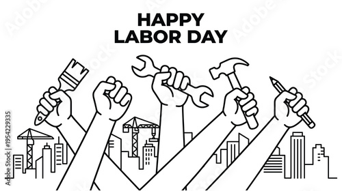 Labor day coloring page with worker hands and city skyline outline