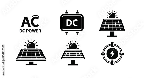 Renewable energy sources ac dc power and solar panels silhouette