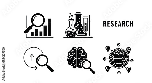 Scientific research icons displaying data analysis and global study silhouette