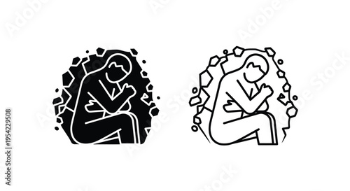 Person curled up in distress surrounded by debris black outline silhouette