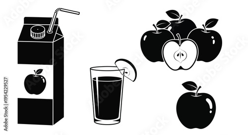 Black and white illustration of apples juice and a drink box silhouette
