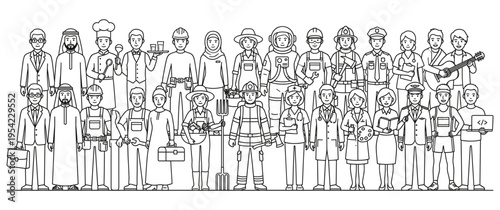 Large collection of diverse professional people in uniform outline
