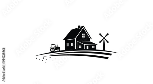 Rural scene with farmhouse windmill and tractor in black silhouette