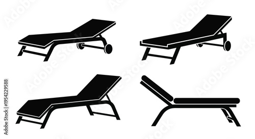 Four black lounge chairs displayed in various angles a stark silhouette