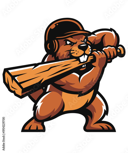 Beaver baseball mascot, logo swinging a wooden bat and wearing a helmet for sports team branding and apparel design