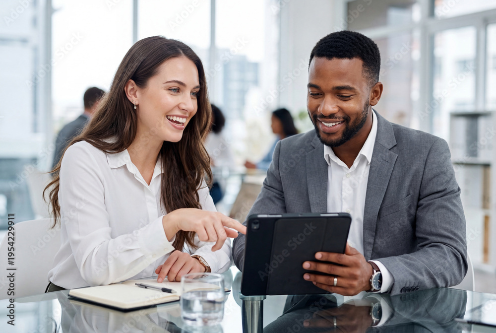 Obraz premium Woman points to tablet during seated office meeting with colleague