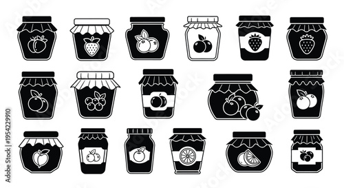 Collection of various jam jars with fruit fillings black silhouette