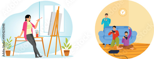 Creative and leisure activities depicted in a vibrant illustration