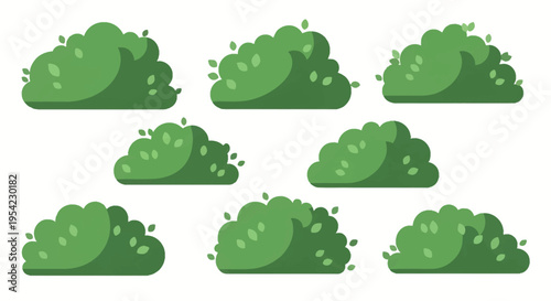 Set of eight stylized green bush vector illustrations with organic leaf details. Diverse shrub shapes isolated on white background for landscape design, gaming assets, and icons.