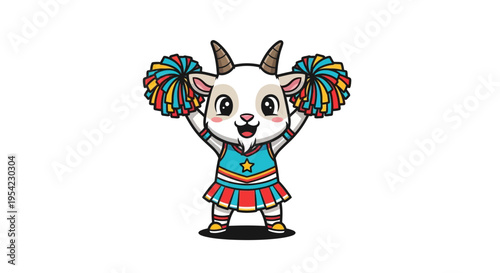 Cute Cartoon Goat Cheerleader with Pom-Poms.