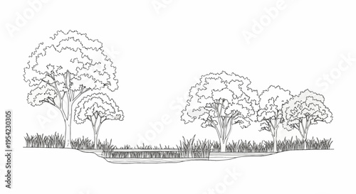 Minimalist architectural line drawing of a landscape section featuring a variety of deciduous trees, tall marsh grass, and a shallow pond cross-section on a plain white background.