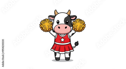 Cute cartoon cow mascot dressed as a cheerleader holding pom-poms.