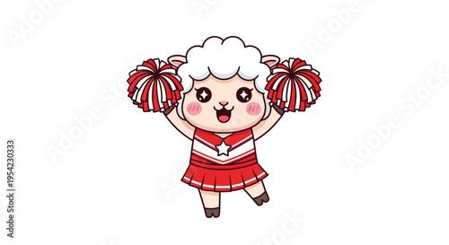 Cute cartoon sheep mascot as a cheerleader holding pom-poms.