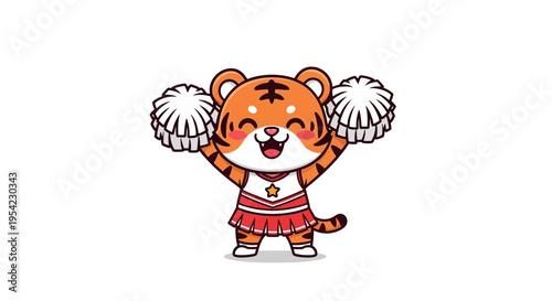 Cute cartoon tiger cheerleader with pom poms.