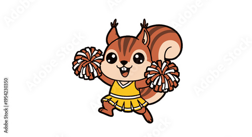 Adorable cartoon squirrel cheerleader with pom-poms.