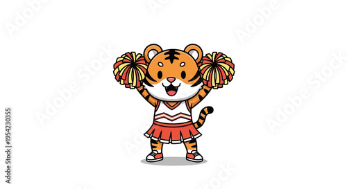 Cute cartoon tiger mascot as a cheerleader with pom-poms.