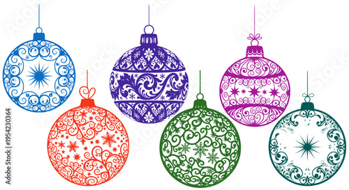  Ornate hanging Christmas bauble vector icons on transparent background.