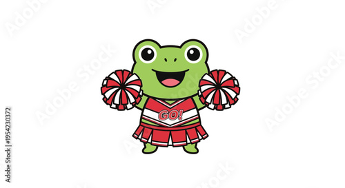 Cute cartoon frog cheerleader with pom-poms illustration.