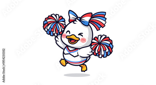 Cute cartoon duck cheerleader with pom-poms and bow.