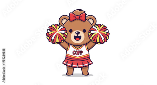 Cute cartoon bear cheerleader with pom-poms and bow.