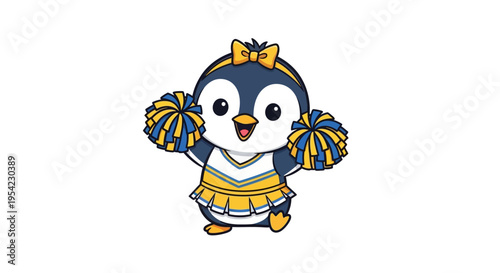 Adorable Cartoon Penguin Cheerleader with Pom-Poms and Bow.