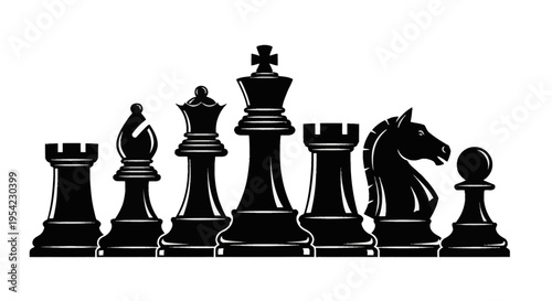 A set of black chess piece silhouettes including the king, queen, bishop, knight, rook, and pawn, arranged horizontally and isolated on a white background for graphic design.