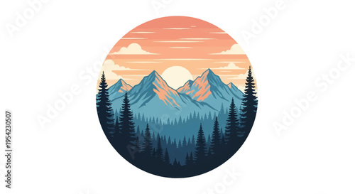 Circular vector illustration featuring stylized blue mountain peaks at sunset with a glowing sun, dense pine forest silhouettes in the foreground, and peach colored sky with clouds.