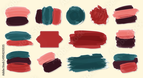 Collection of textured acrylic paint brush strokes, swatches, and circular stains in a color palette of burgundy, red, pink, and dark teal, isolated with white borders on cream.